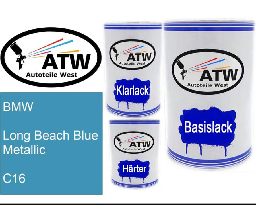 BMW, Long Beach Blue Metallic, C16: 500ml Lackdose + 500ml Klarlack + 250ml Härter - Set, von ATW Autoteile West.
